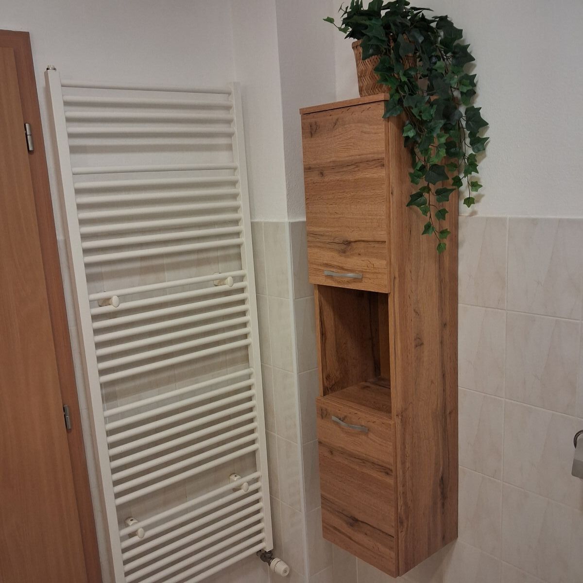 Ein Badezimmer mit weißem Heizkörper, einem Holzschrank mit Pflanze darauf und einer Tür.