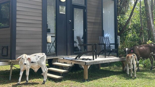 A modern cabin with a deck, a small table, and chairs.