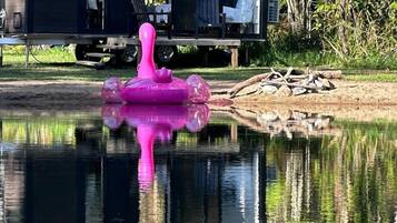 Eine moderne Hütte mit Glastür, gelegen an einem ruhigen Gewässer mit einem rosa Schwimmobjekt.