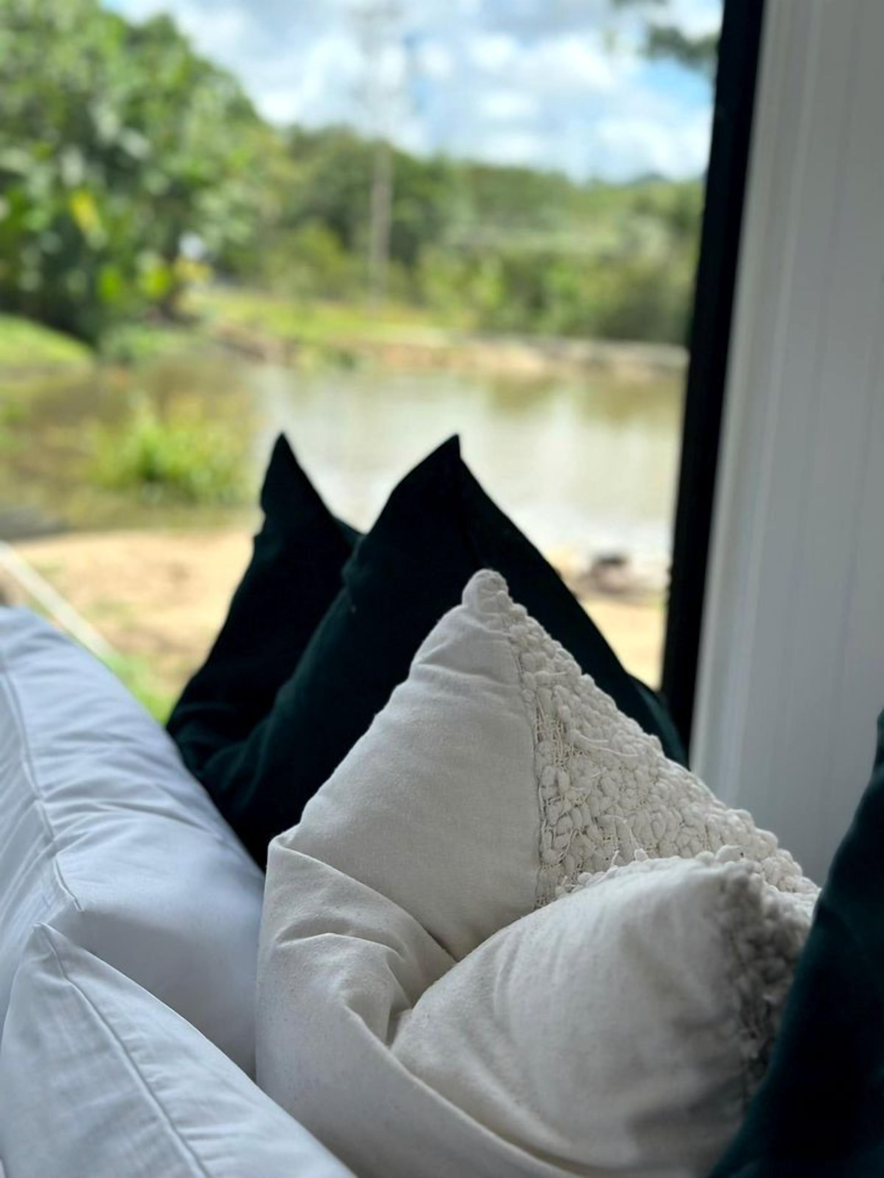 A view through a window with a white sofa and pillows, overlooking a body of water and greenery.