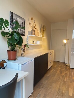 A modern kitchen with a white countertop, a potted plant, and a wall-mounted shelf with decorative items. - Beautiful 3 Bedroom walking distance to Stadtpark..
By Landstraß-Hauptstraße (Vienna)