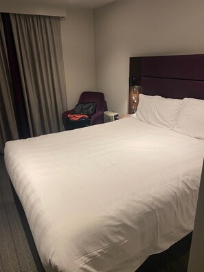 Habitación de hotel con una cama grande, una silla, un calentador y una ventana con cortinas.