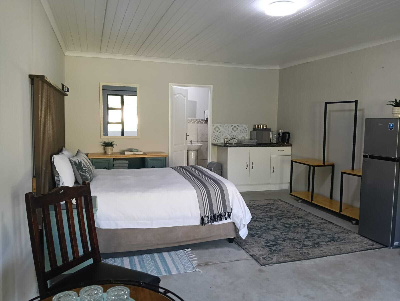 A compact room with a bed, a small kitchenette, a mirror, and a refrigerator.