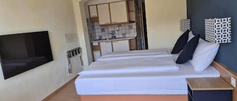A bedroom with a bed, a TV mounted on the wall, a small kitchenette, and a bathroom visible through an open door.