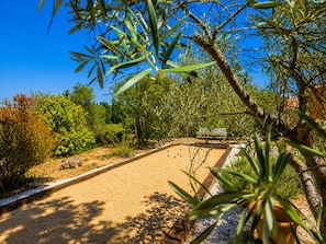 A garden with a gravel path, a bench, and various plants.