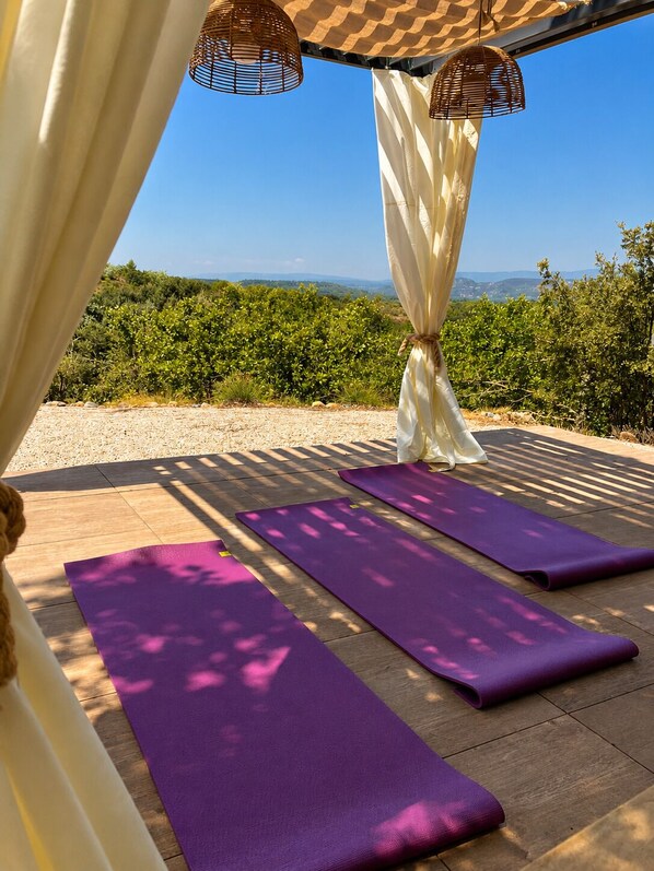 An outdoor yoga area with mats and a view of a vineyard.