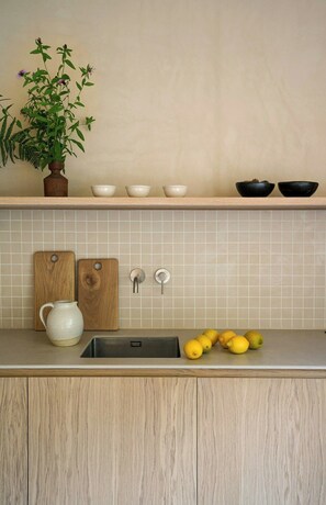 Una cocina con encimera de madera, un lavamanos, una planta en maceta y un bol lleno de limones.