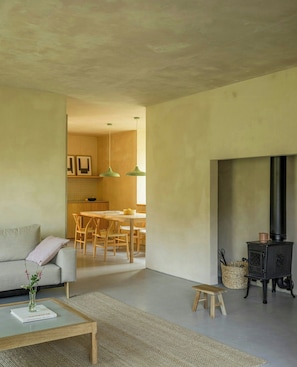 Ein Wohnzimmer mit einer Couch, einem Couchtisch und einem Kamin.