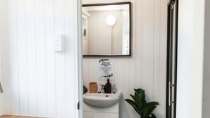 Un baño pequeño con lavamanos, espejo y planta en maceta.
