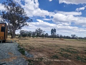 Un paisaje rural con un árbol, una pequeña construcción de madera y un campo seco.