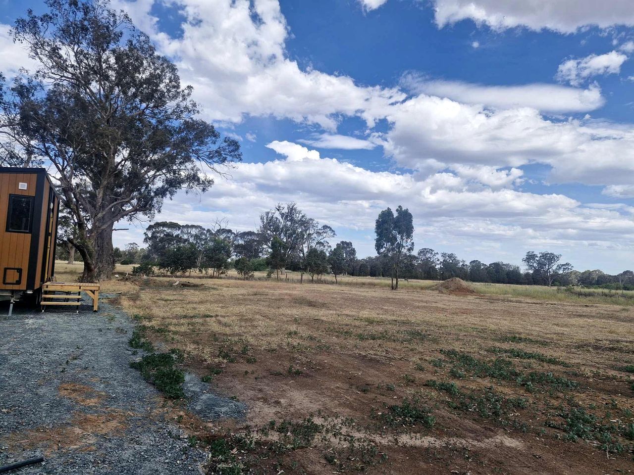 A rural landscape with a tree, a small wooden structure, and a dry field.