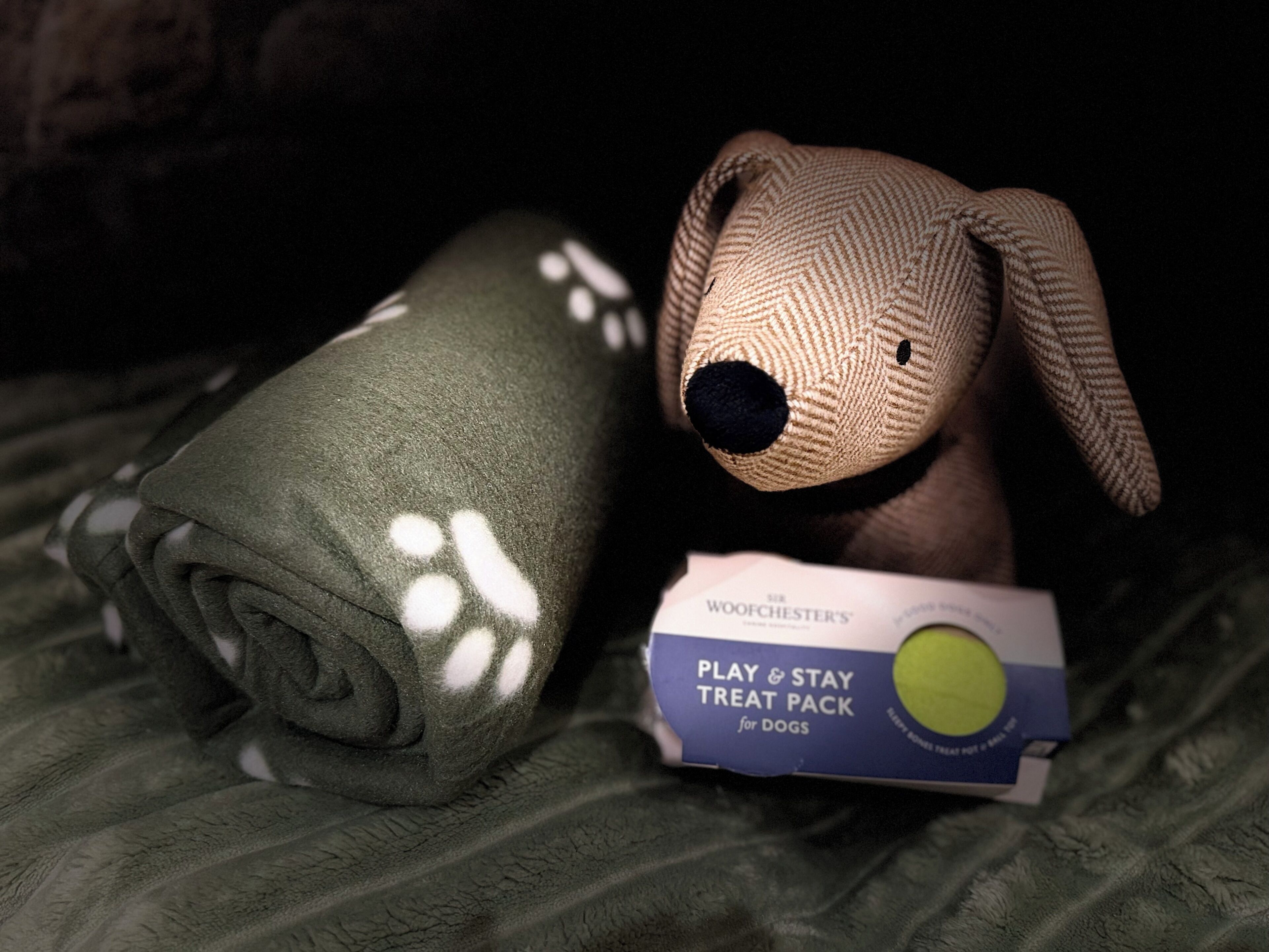 Un jouet en peluche représentant un chien et un paquet de friandises, le tout posé sur une surface texturée.