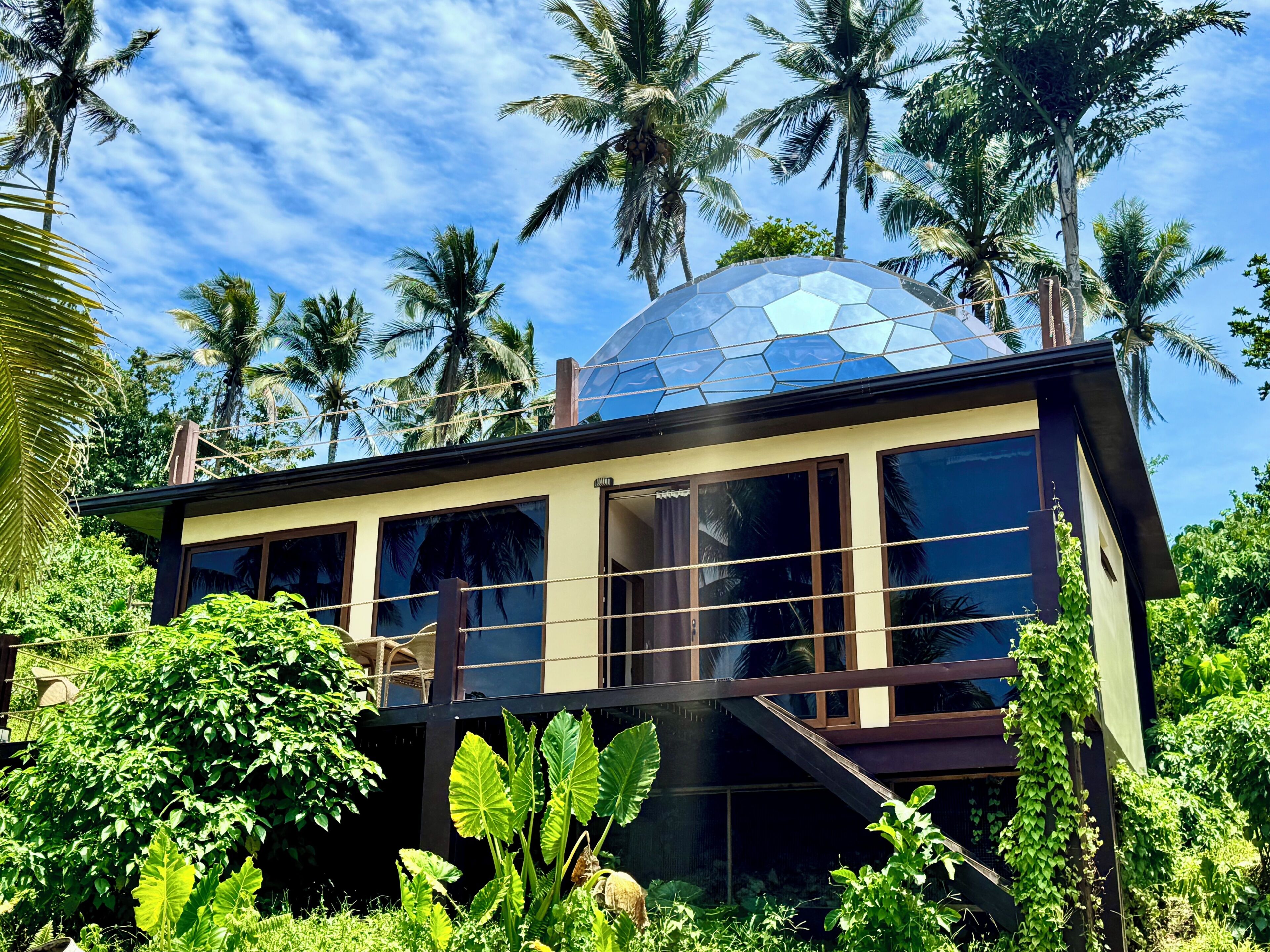 A modern building with large windows, a dome-shaped roof, and surrounded by lush greenery and palm trees.