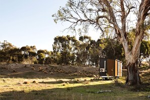 Una petita cabana amb teulada inclinada, situada en un turó verd amb arbres al fons.