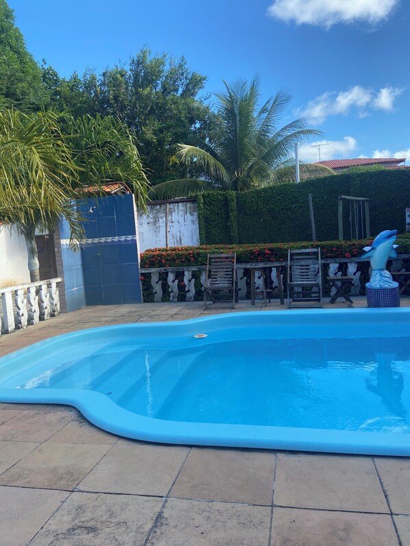 A swimming pool with a tiled deck, surrounded by a hedge and palm trees.