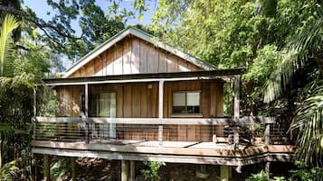 A wooden cabin with a balcony, surrounded by dense foliage.