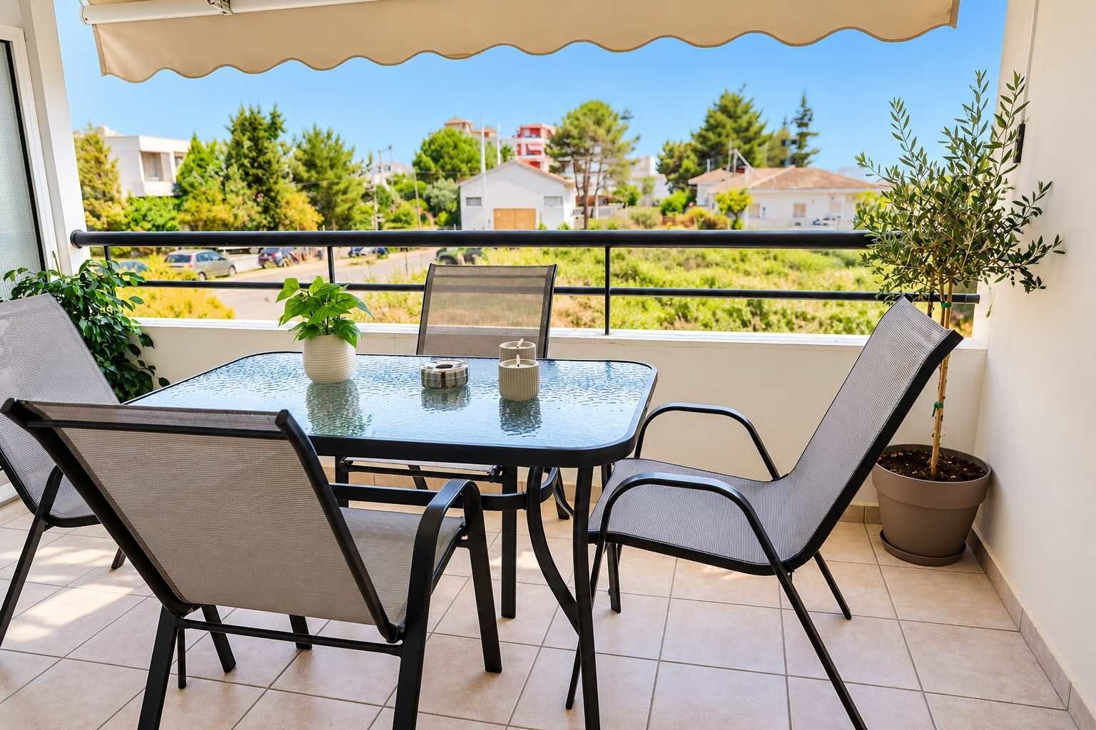 Un balcon avec une table en verre, deux chaises, un pot de fleurs et une vue sur le quartier.