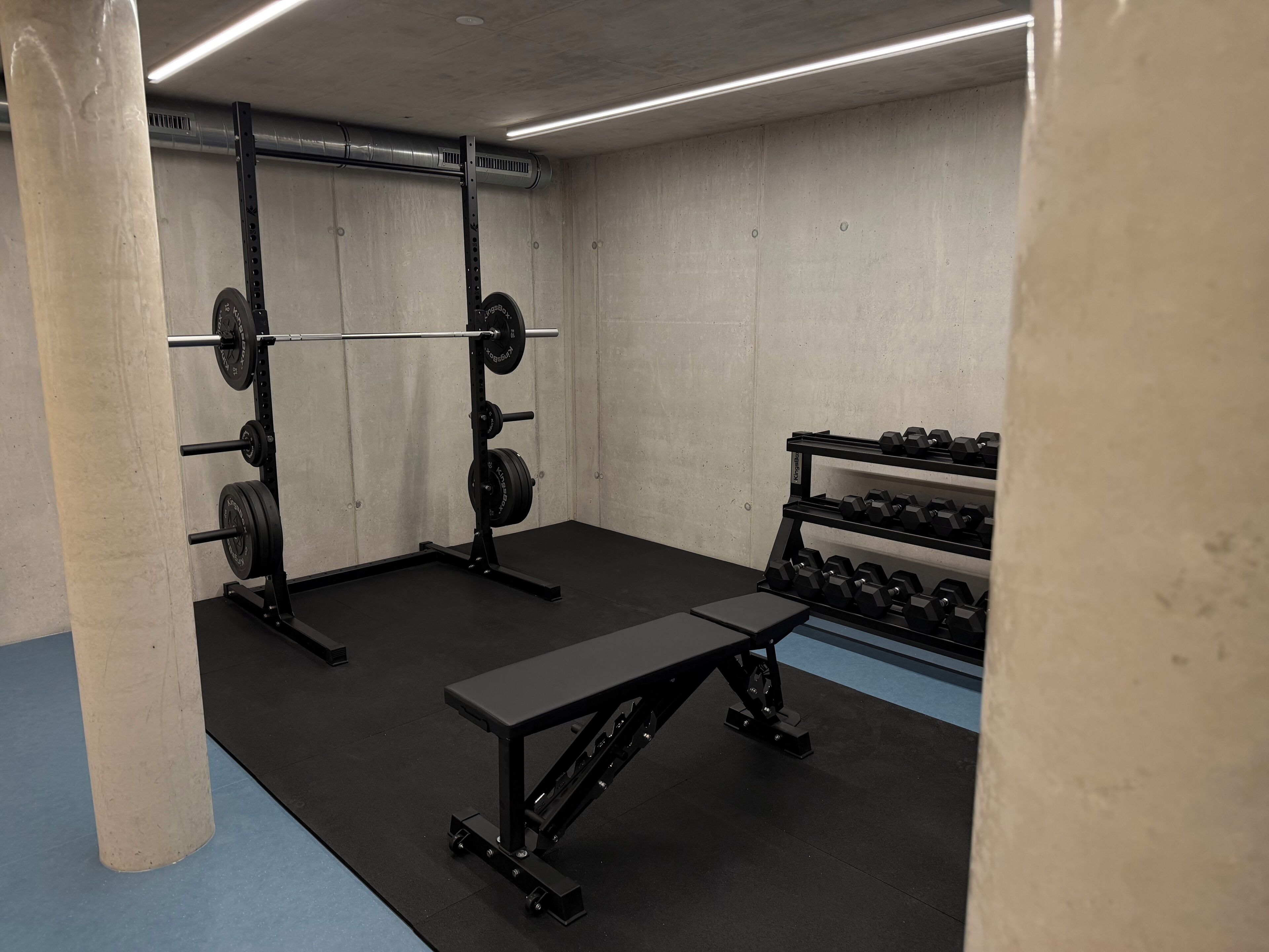 Ein Fitnessstudio mit Gewichthebersportgeräten, einer Bank und Kurzhanteln.