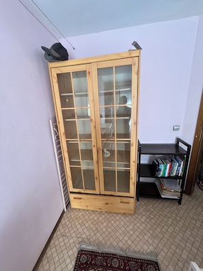 A room with a wooden cabinet with glass doors, a bookshelf with books, and a patterned rug on the floor.