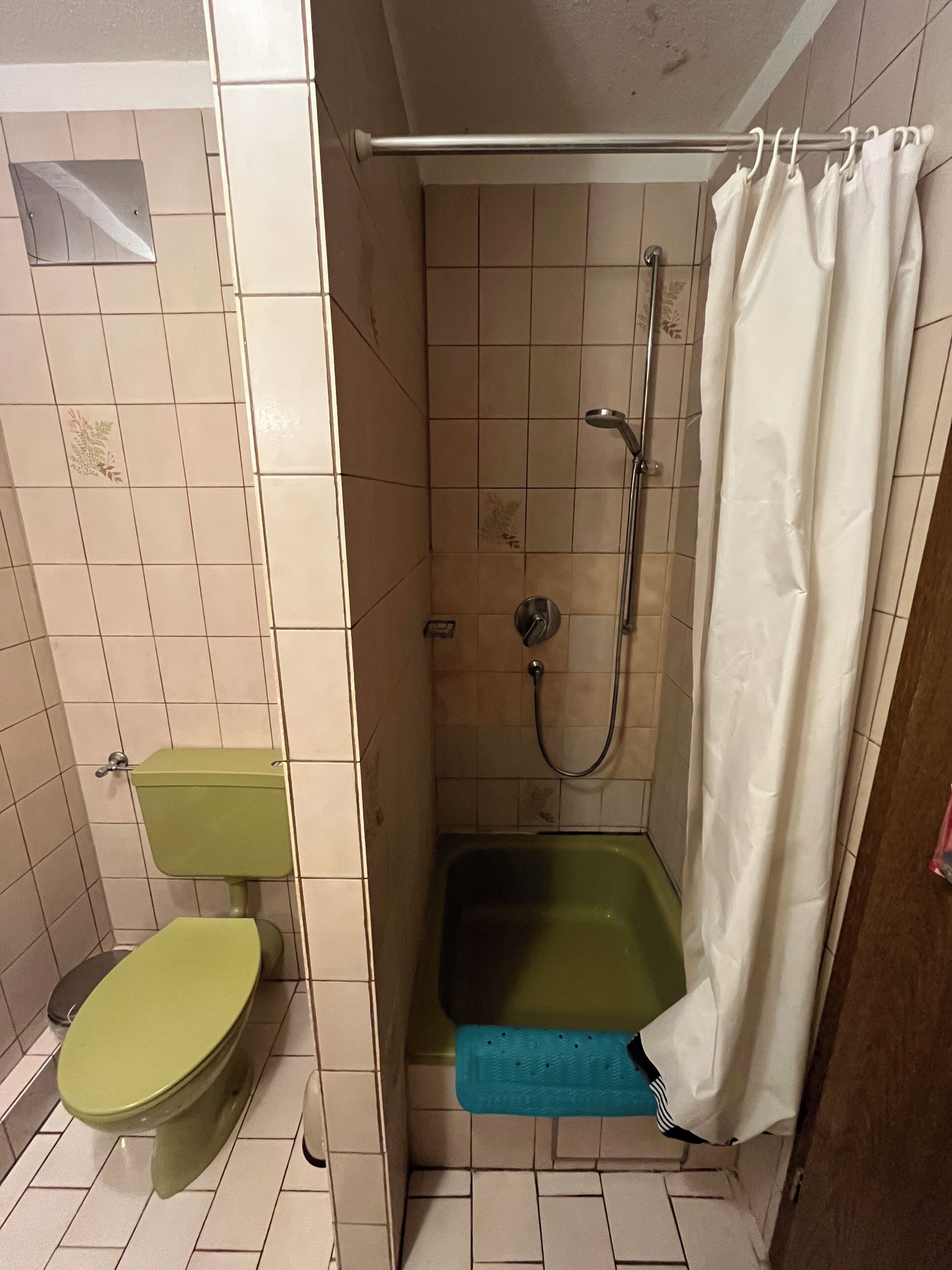 Ein kleines Badezimmer mit Toilette, einer Duschkabine mit Vorhang und einer grünen Badewanne.