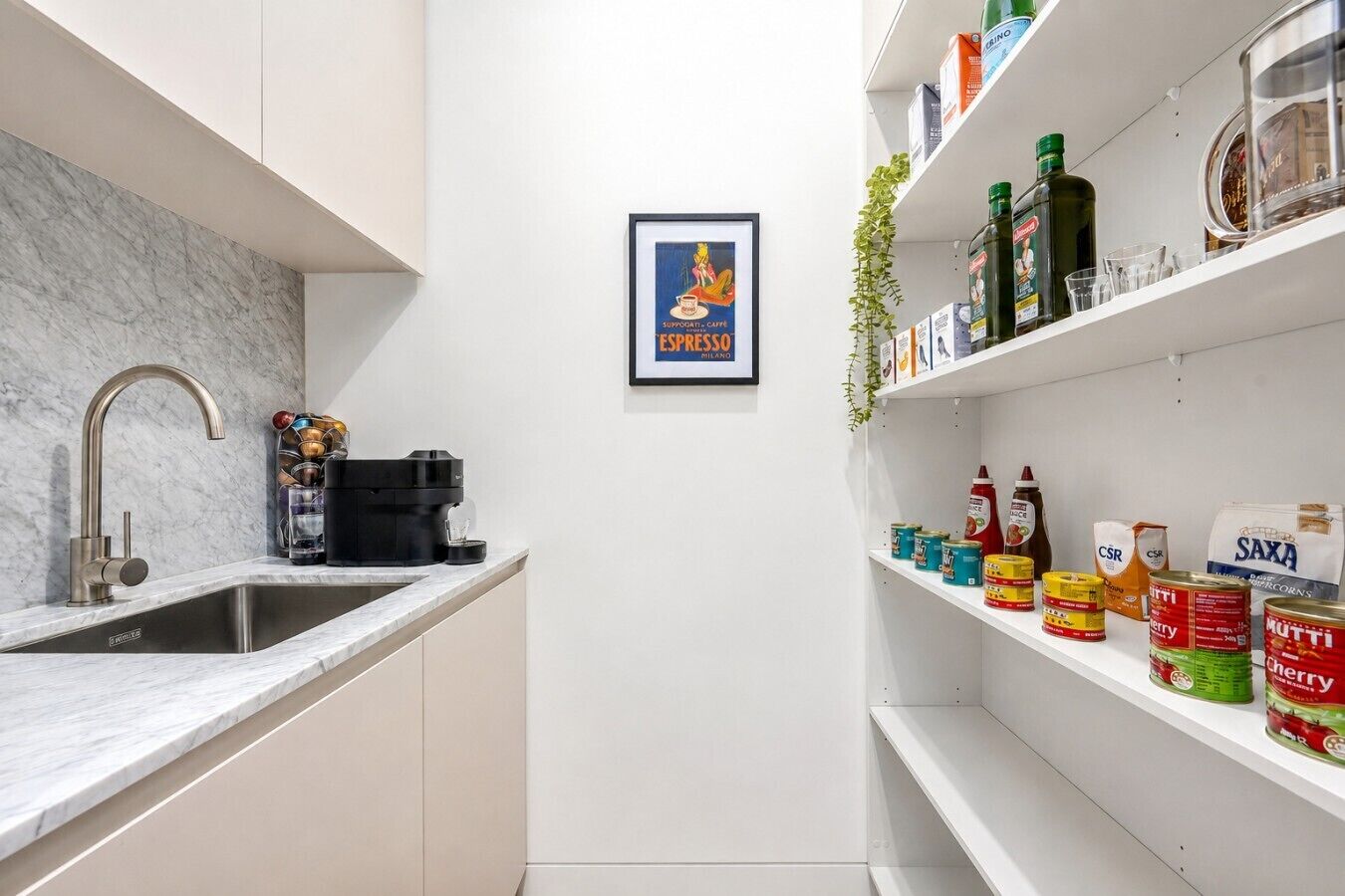 A modern kitchen with a built-in espresso machine, a sink, and shelves stocked with canned goods and condiments.