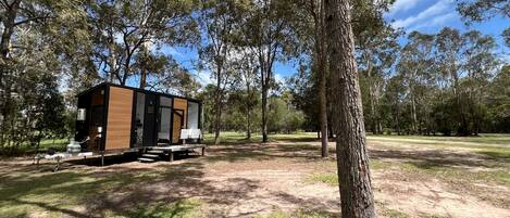 A mobile home with a deck, situated in a grassy area with trees.