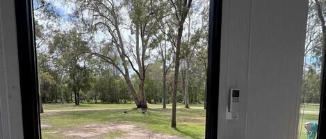 A view from inside a room with a door leading to an outdoor area with a wooden deck and a grassy lawn.