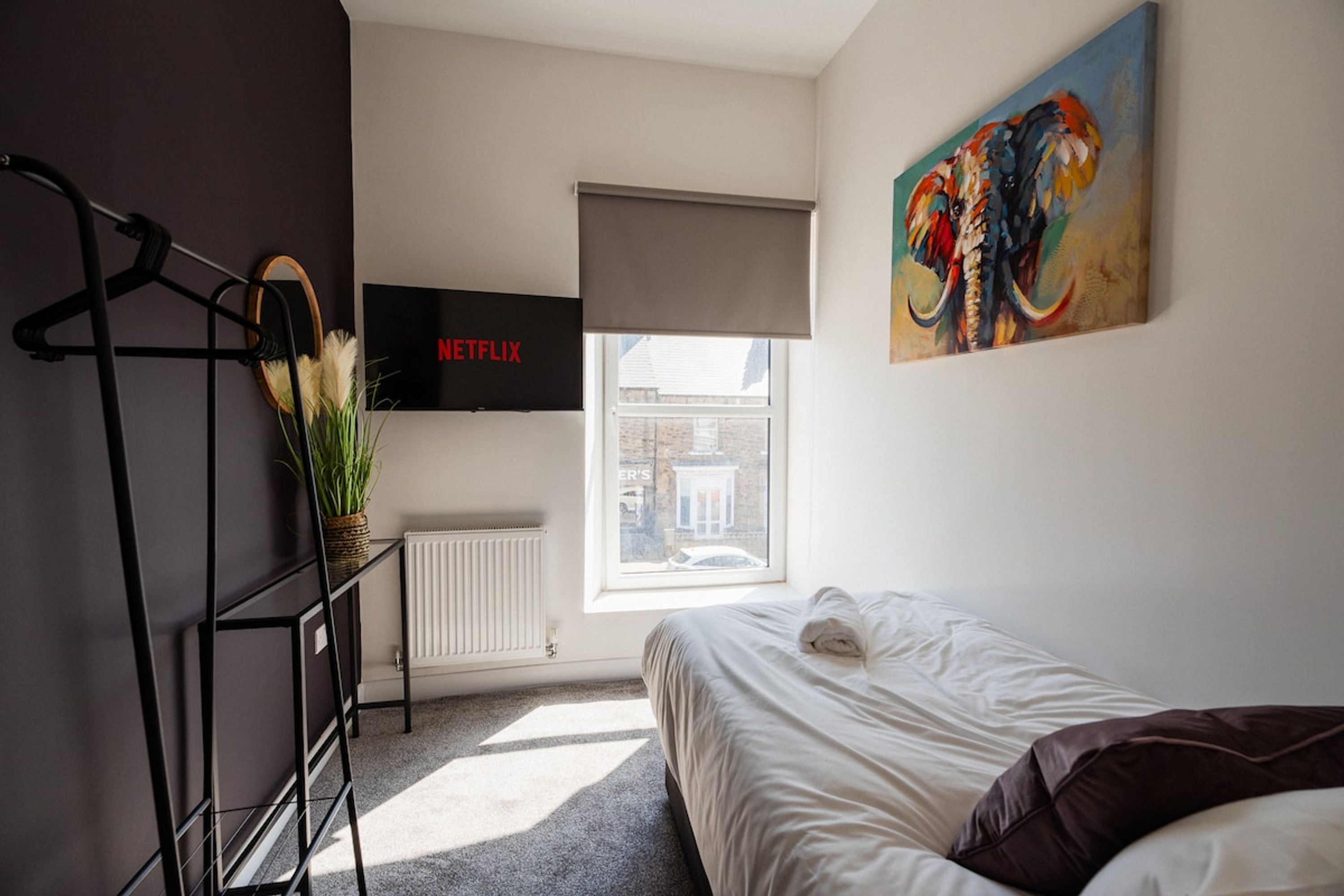 A bedroom with a bed, a hanging plant, a radiator, a window with a view, a painting, and a wall-mounted television labeled 'NETFLIX'.