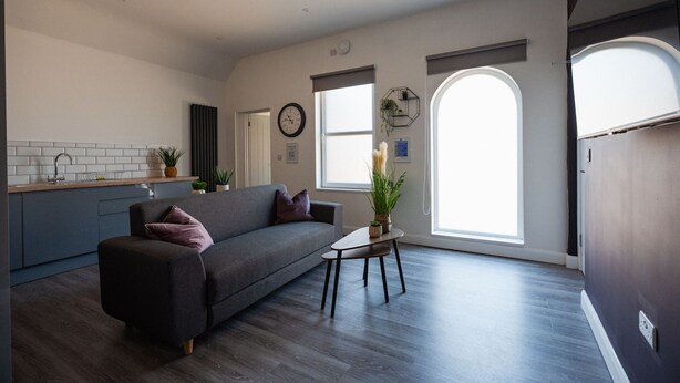 Et moderne køkken med indbygget ovn, en grå sofa og et spisebord med en plante.