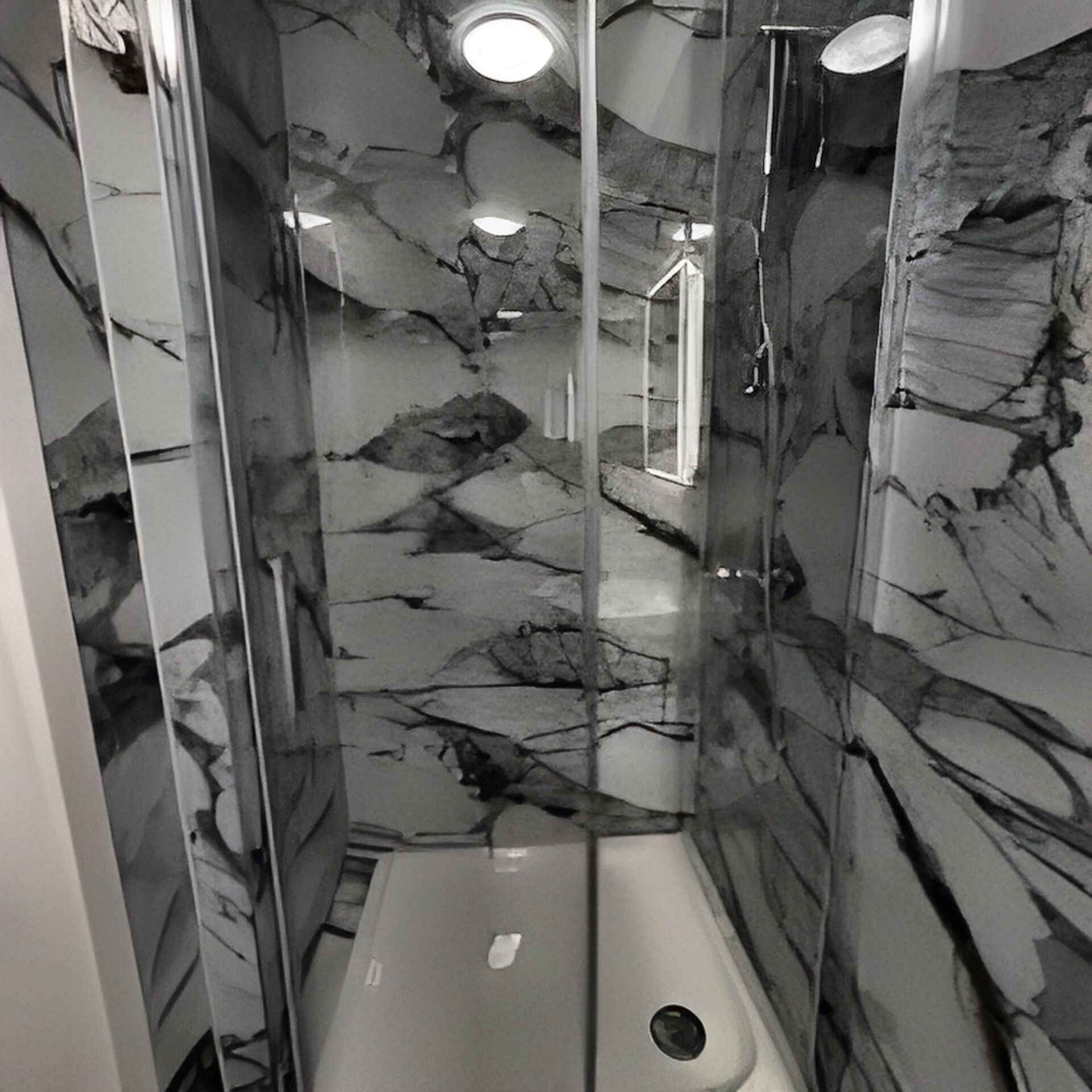 A bathroom with a marble wall, a shower, and a mirror.