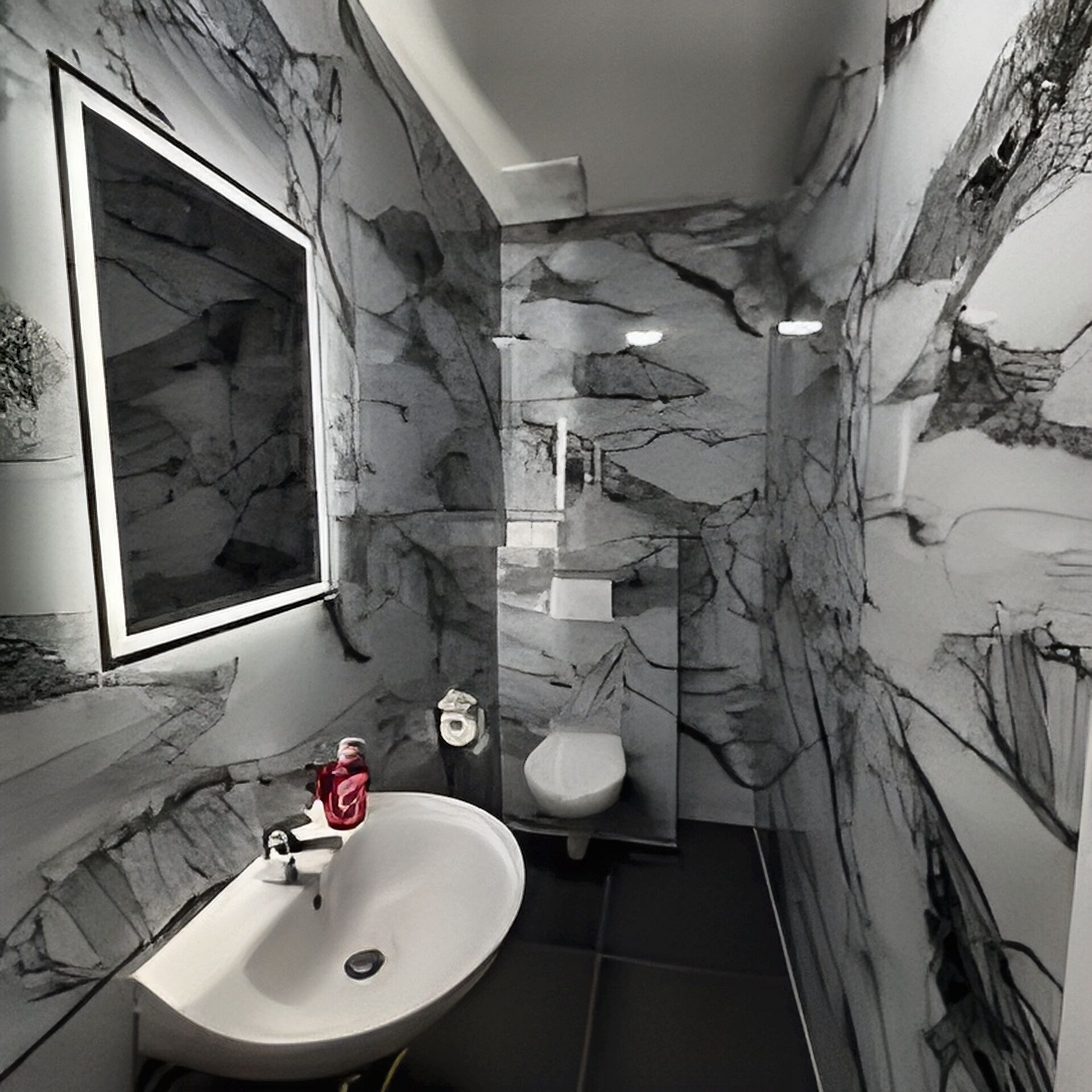 Een badkamer met een marmeren wand, een wastafel, toilet en een spiegel.
