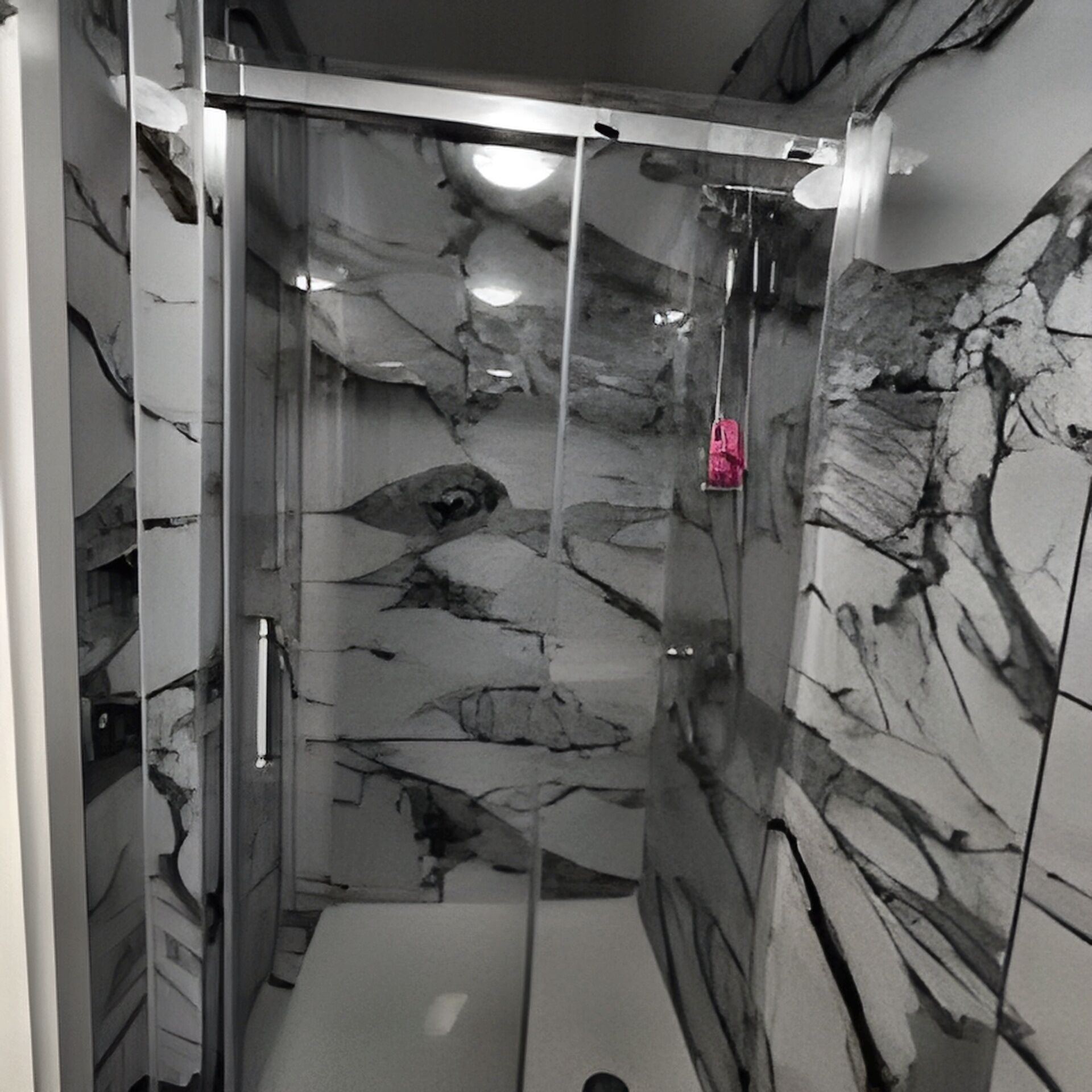 A glass-enclosed shower stall with marble walls and a handheld showerhead.