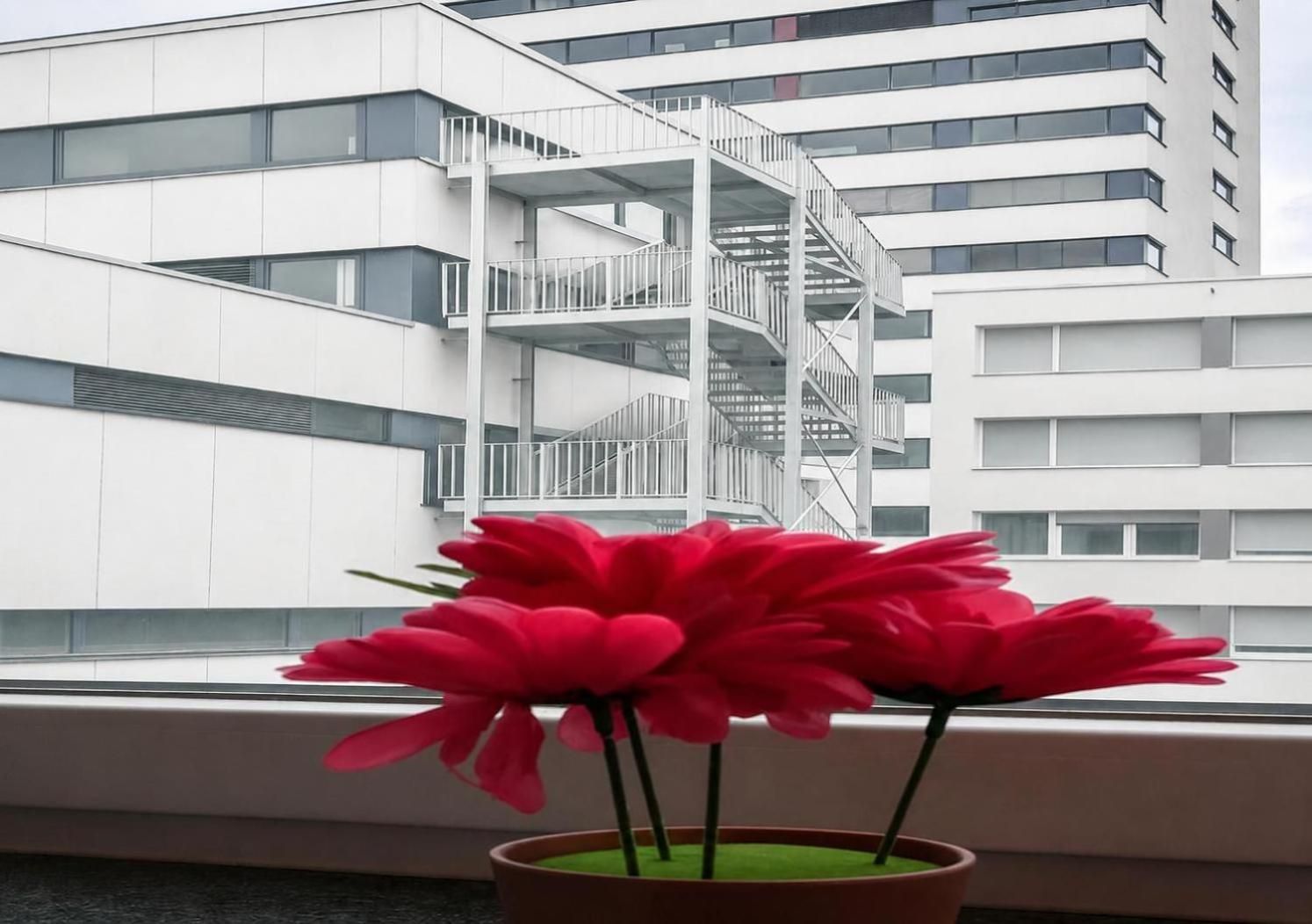 A modern building with multiple floors and a central staircase.