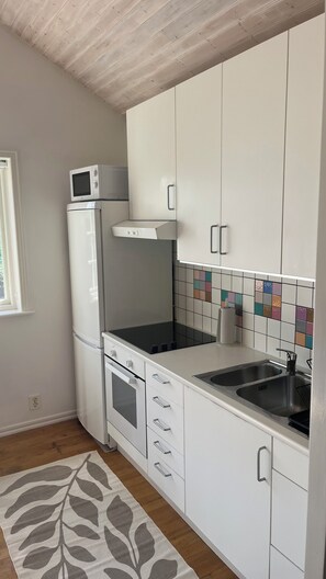 A modern kitchen with white cabinetry, a microwave, a refrigerator, an oven, a sink, and a patterned rug.