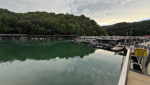 A marina with docked boats, a dock with a warning sign, and a forested hillside in the background.