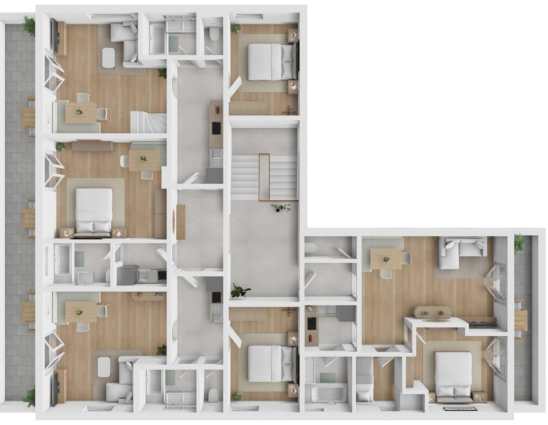Een plattegrond van een modern appartement met een woonkamer, keuken, twee slaapkamers en een badkamer.