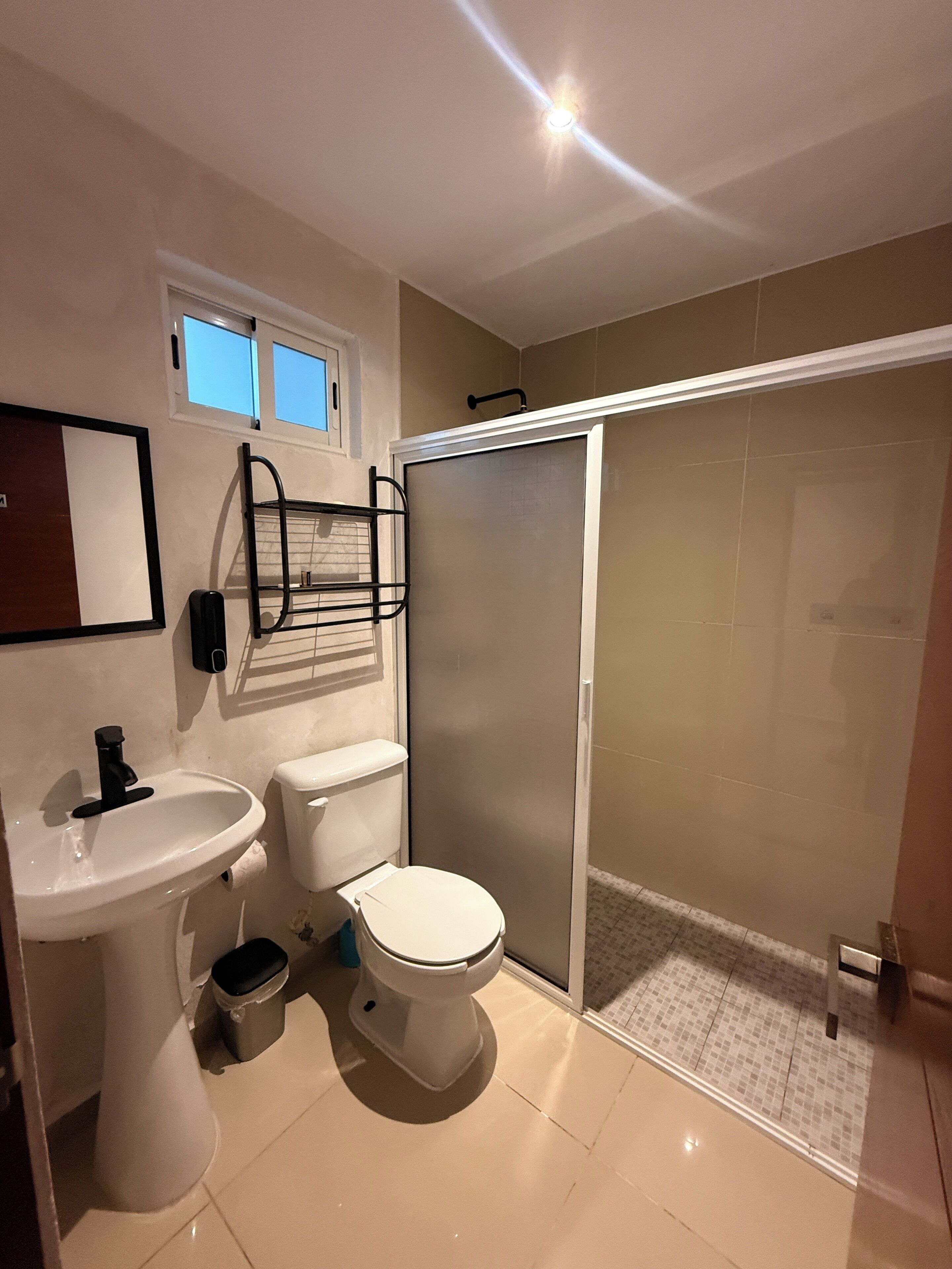 A bathroom with a toilet, sink, and shower enclosure.