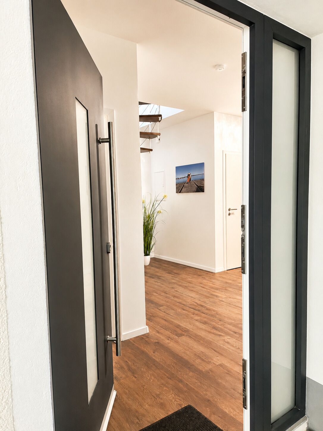 A modern interior with a wooden floor, a black-framed door, and a white wall with a framed picture.