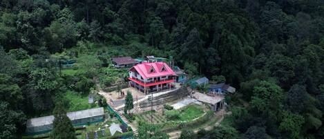 A two-story building with a red roof, surrounded by dense forest.