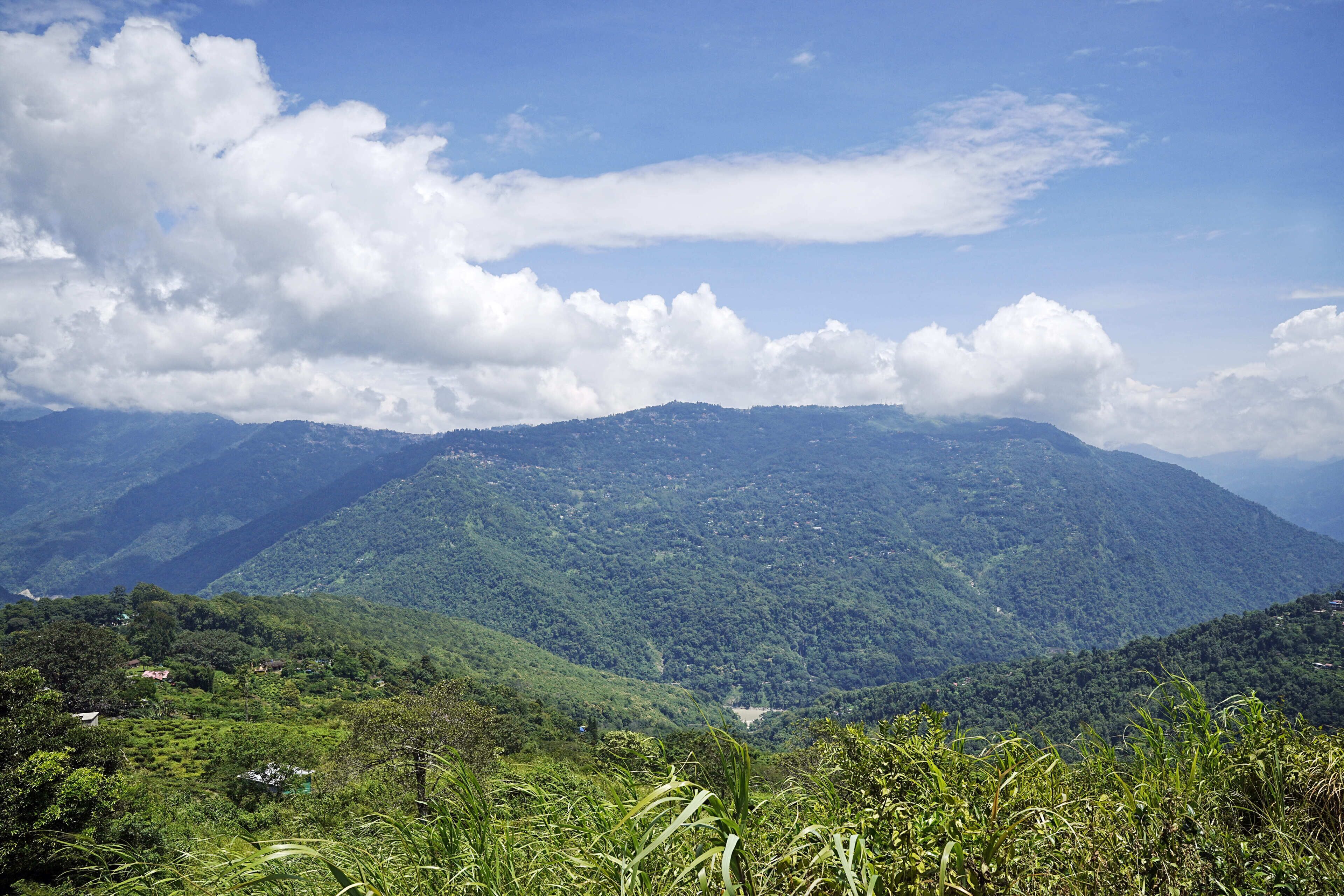 A mountainous landscape with dense greenery and scattered buildings.