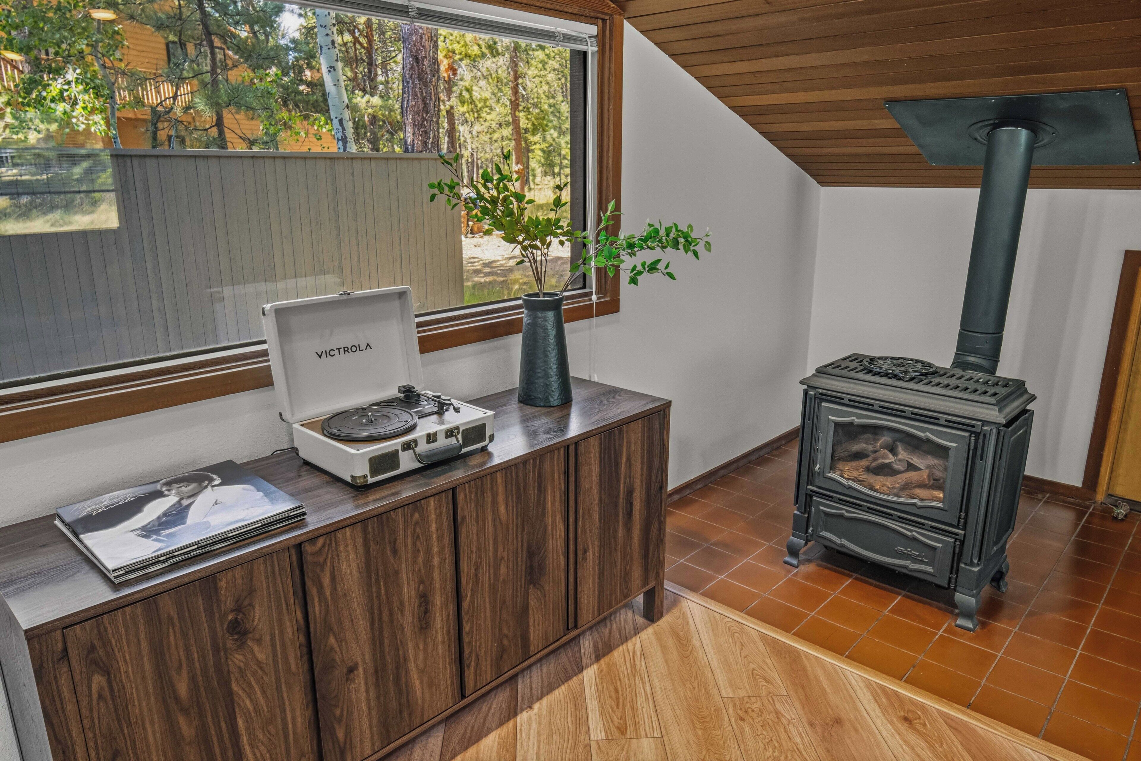 A room with a wooden cabinet, a turntable, a vase with a plant, and a wood-burning stove.