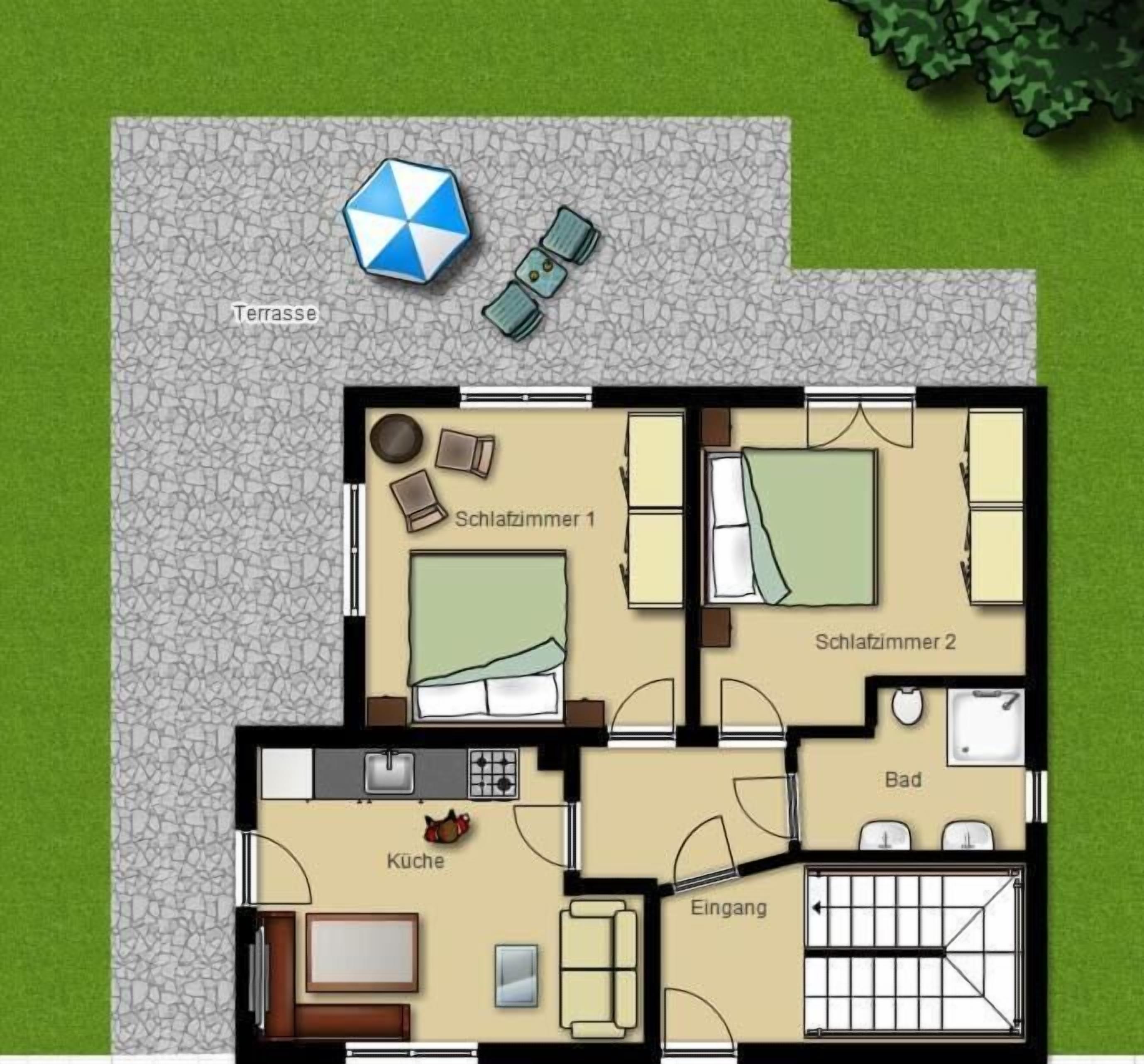 Plànol d'un hotel que mostra dues habitacions, una cuina, un bany, zona de menjador i una terrassa.