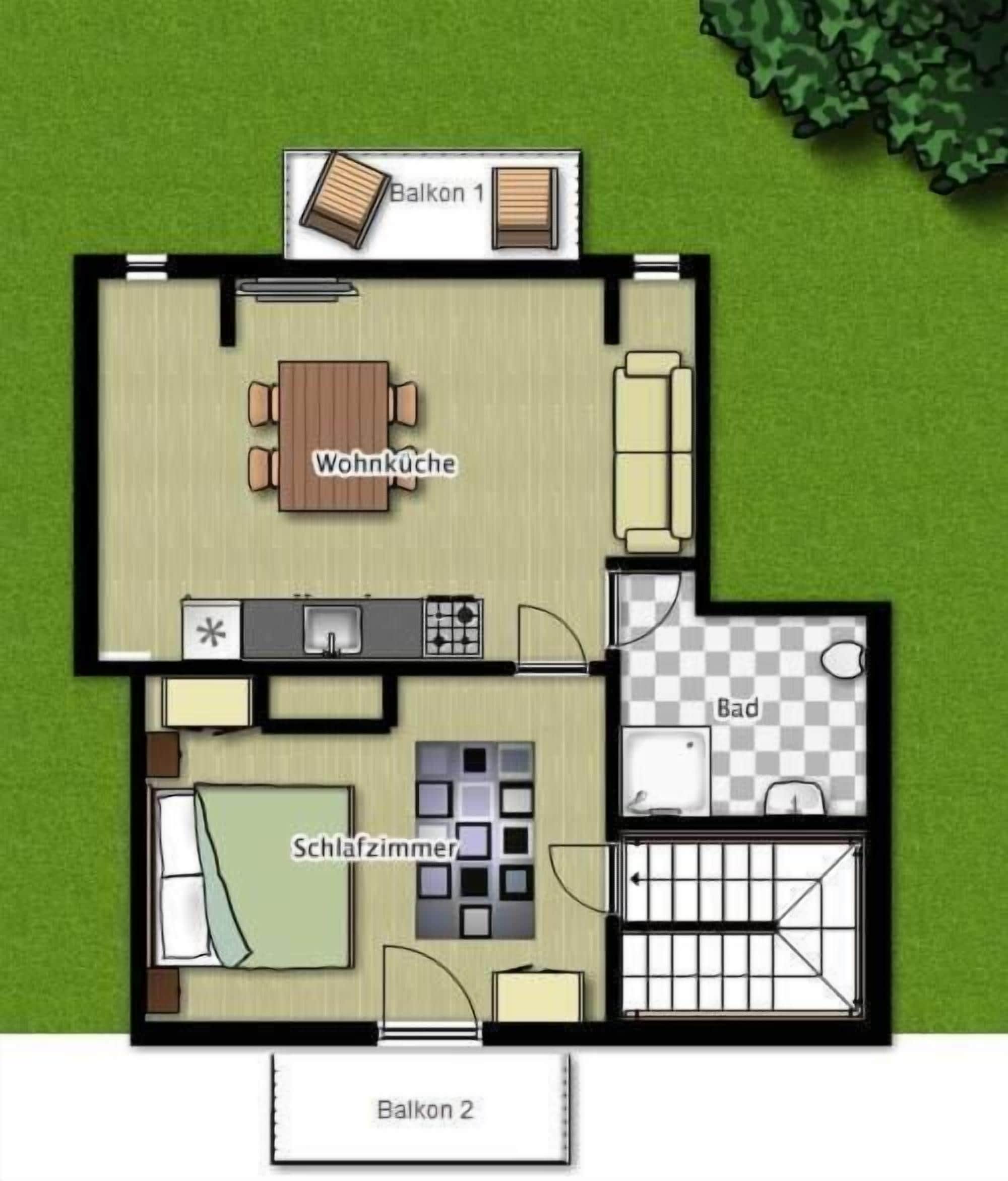 A 2-floor layout with a living room, kitchen, bathroom, and balcony.