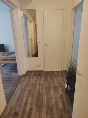 A hallway with a wooden floor, a white door, and a potted plant.