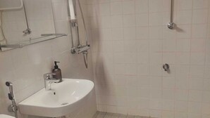 A bathroom with a white sink, a mirror, a shower, and a toilet.