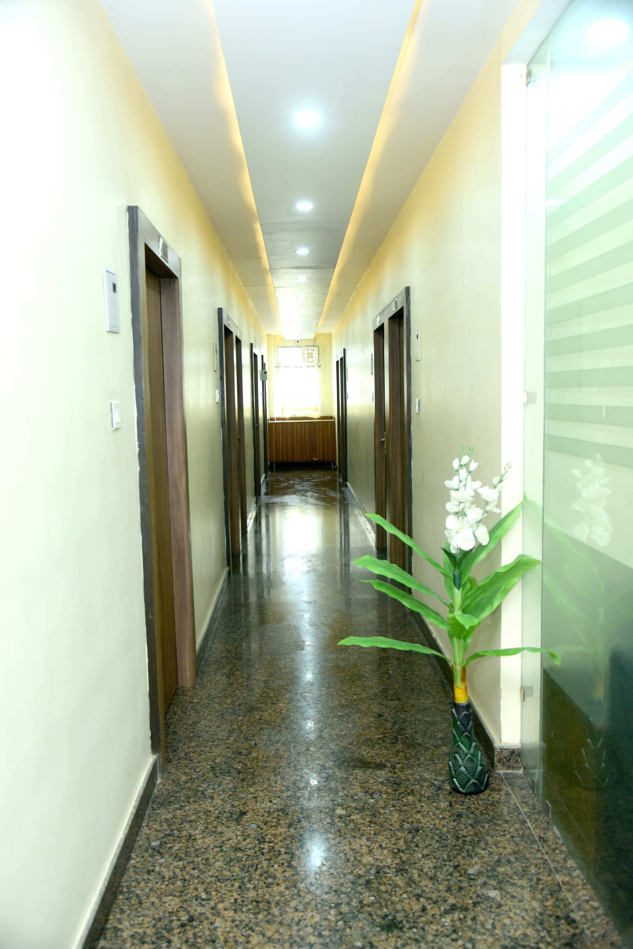 A hotel hallway with a polished granite floor, wooden doors, and a potted plant with white flowers.