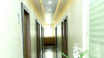 A hotel hallway with a polished granite floor, wooden doors, and a potted plant with white flowers.