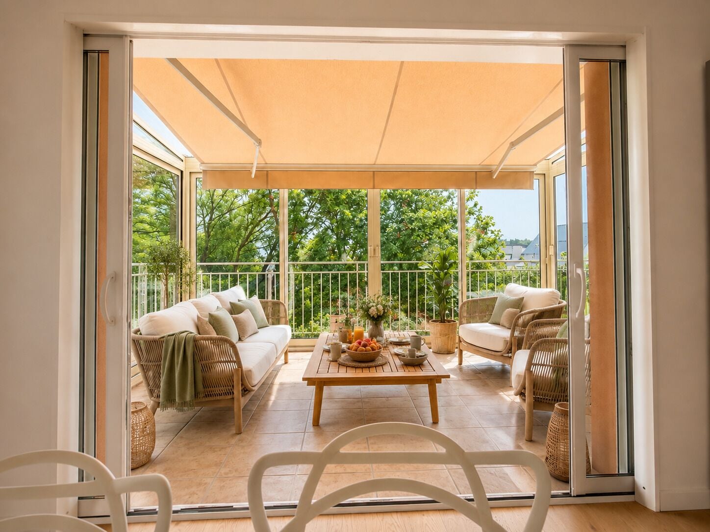 A sunlit patio with a sofa, chairs, and a table set for dining, overlooking a lush green landscape.