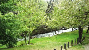 A grassy area with a river, trees, and a wooden fence.