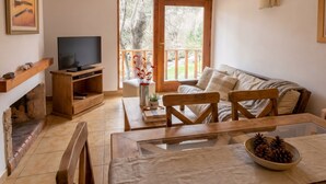 A living room with a TV, wooden furniture, a fireplace, and a balcony with a view of trees.